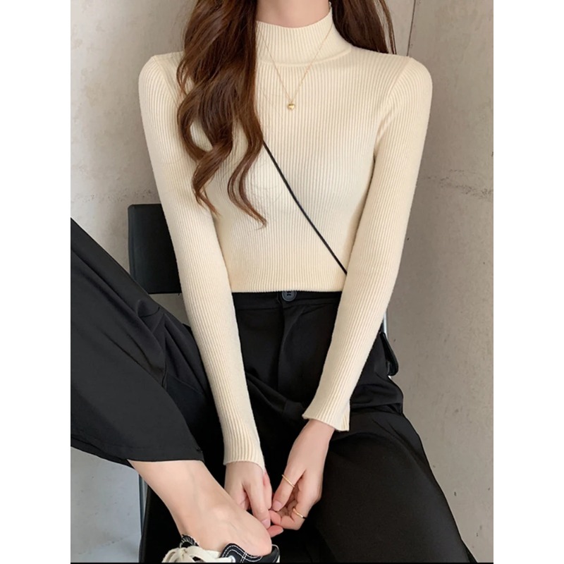 AliExpress Autumn Winter Mock Neck Women Sweater Vintage Basic Solid Knitted Tops Casual Slim Pullover Korean Sweaters Simple Chic Jumpers, view 3