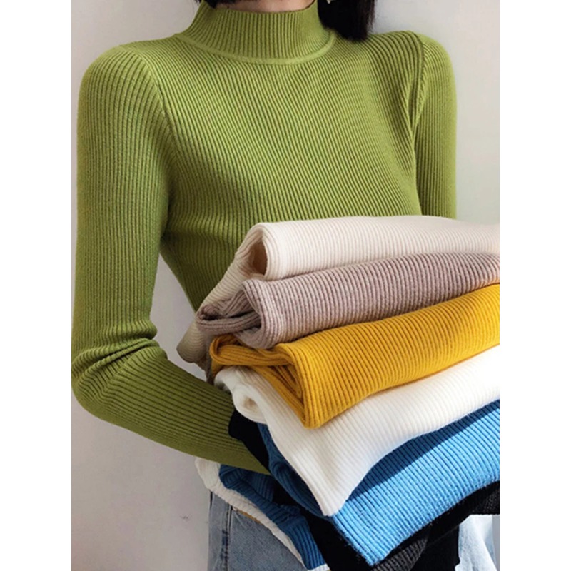 AliExpress Autumn Winter Mock Neck Women Sweater Vintage Basic Solid Knitted Tops Casual Slim Pullover Korean Sweaters Simple Chic Jumpers, view 4