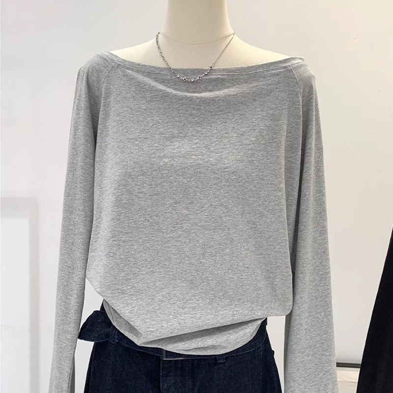 AliExpress Autumn Winter One Shoulder Cotton Long Sleeve Slant Shoulder Women's Clothing Style Interior Wide Truffle Shoulder Base Shirt
