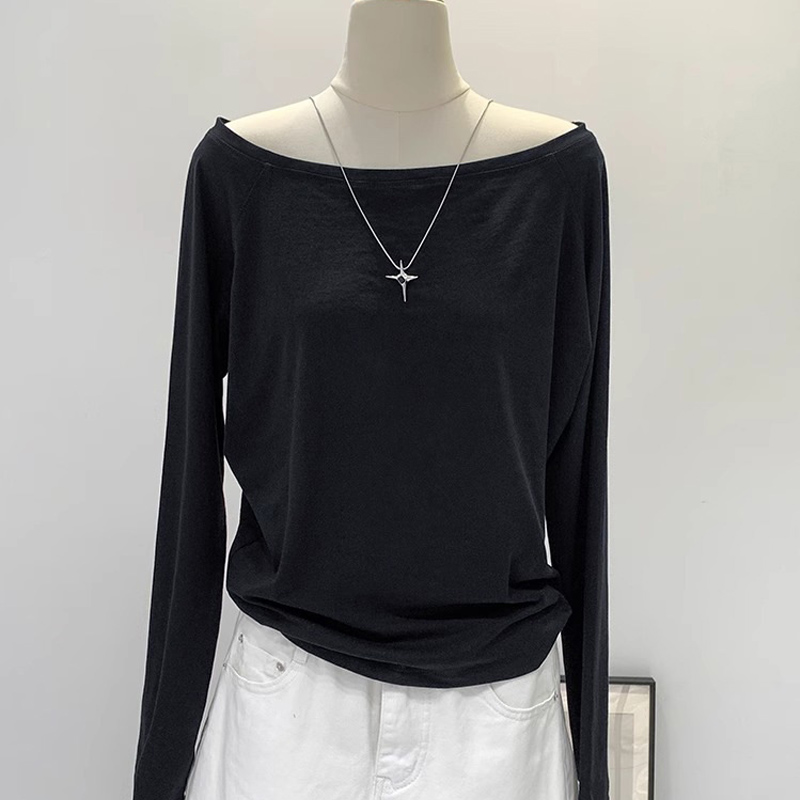 AliExpress Autumn Winter One Shoulder Cotton Long Sleeve Slant Shoulder Women's Clothing Style Interior Wide Truffle Shoulder Base Shirt, view 2