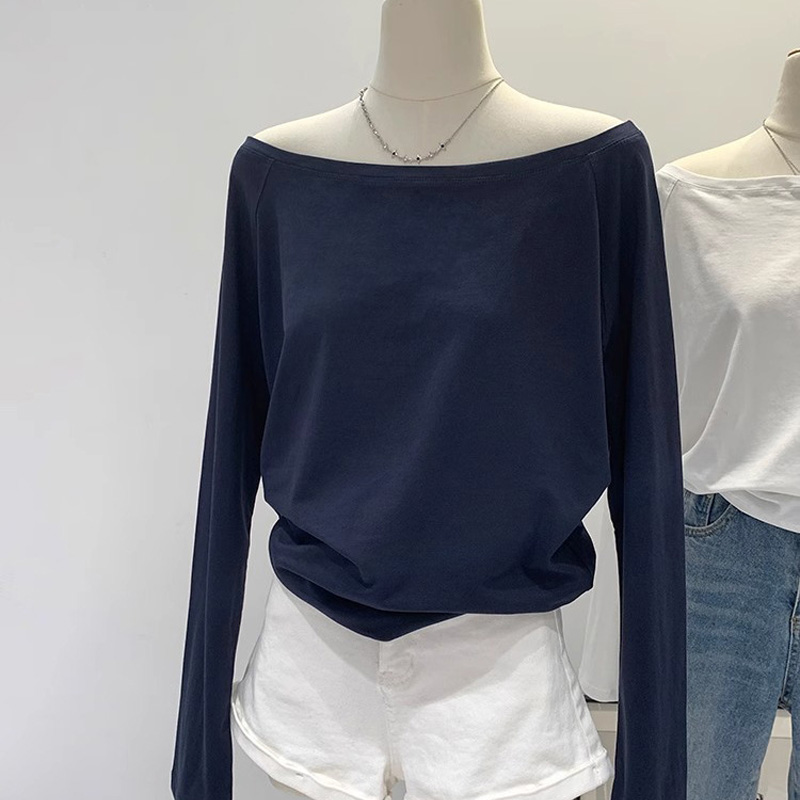 AliExpress Autumn Winter One Shoulder Cotton Long Sleeve Slant Shoulder Women's Clothing Style Interior Wide Truffle Shoulder Base Shirt, view 3