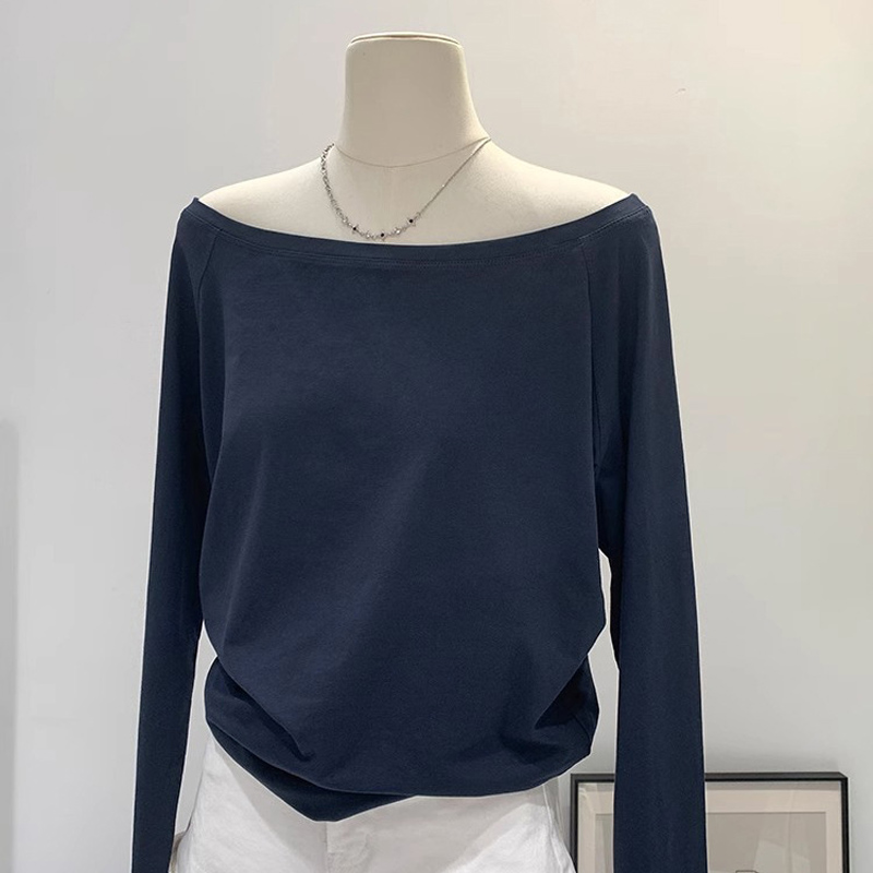 AliExpress Autumn Winter One Shoulder Cotton Long Sleeve Slant Shoulder Women's Clothing Style Interior Wide Truffle Shoulder Base Shirt, view 4