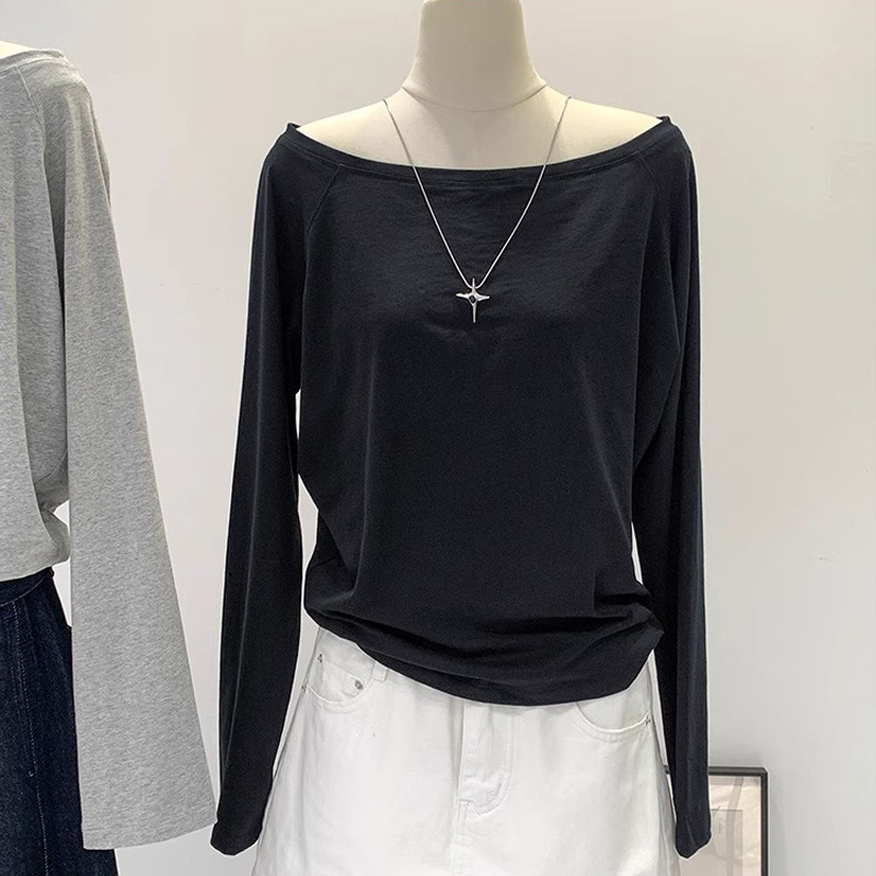 AliExpress Autumn Winter One Shoulder Cotton Long Sleeve Slant Shoulder Women's Clothing Style Interior Wide Truffle Shoulder Base Shirt, view 5