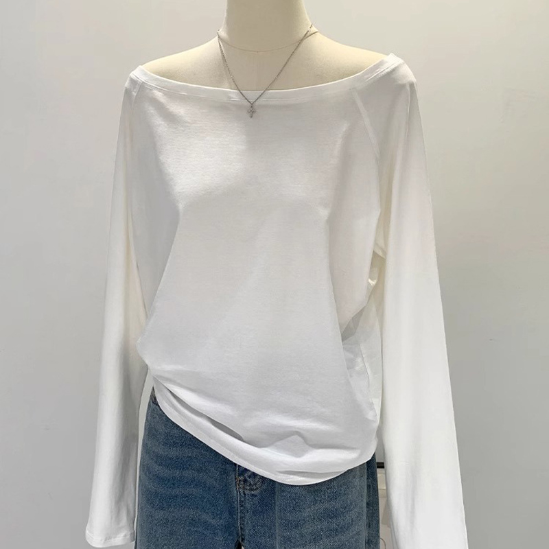 AliExpress Autumn Winter One Shoulder Cotton Long Sleeve Slant Shoulder Women's Clothing Style Interior Wide Truffle Shoulder Base Shirt, view 6