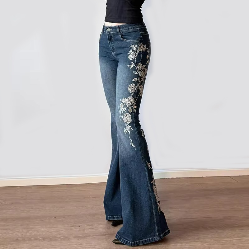 AliExpress Autumn Women Retro Y2k Jeans Baggy Floral Embroidery Vintage 2000s Low Rise Flared Denim Pants High Street Slim Fit Trousers