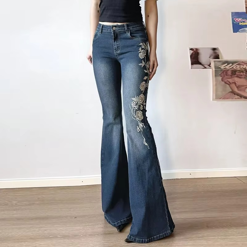 AliExpress Autumn Women Retro Y2k Jeans Baggy Floral Embroidery Vintage 2000s Low Rise Flared Denim Pants High Street Slim Fit Trousers, view 2