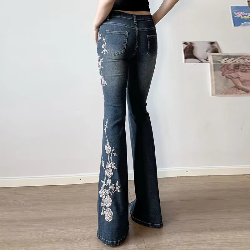 AliExpress Autumn Women Retro Y2k Jeans Baggy Floral Embroidery Vintage 2000s Low Rise Flared Denim Pants High Street Slim Fit Trousers, view 3