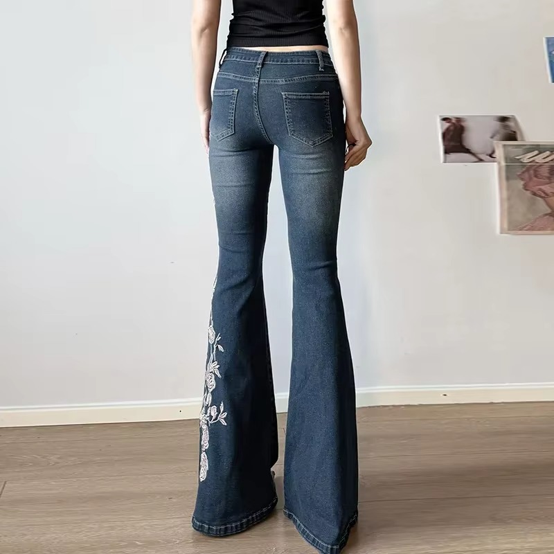 AliExpress Autumn Women Retro Y2k Jeans Baggy Floral Embroidery Vintage 2000s Low Rise Flared Denim Pants High Street Slim Fit Trousers, view 4