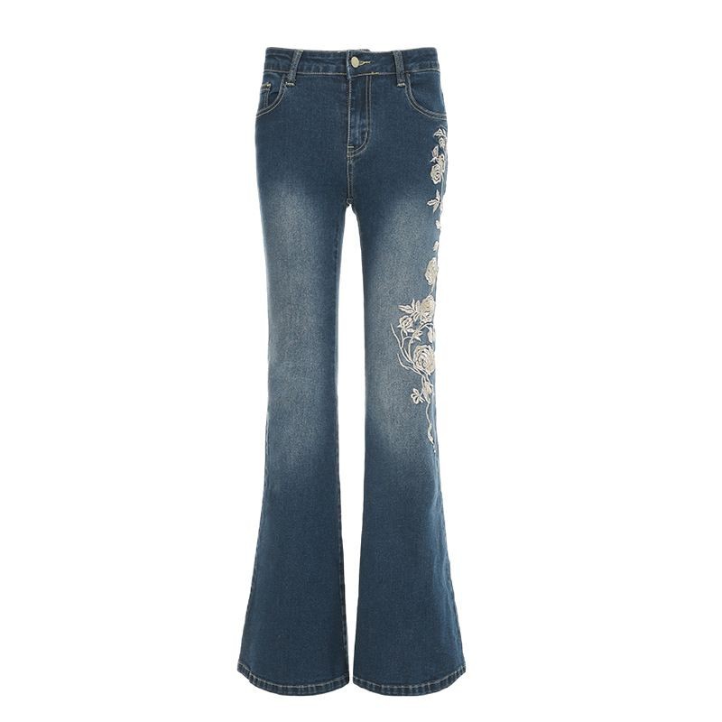 AliExpress Autumn Women Retro Y2k Jeans Baggy Floral Embroidery Vintage 2000s Low Rise Flared Denim Pants High Street Slim Fit Trousers, view 5