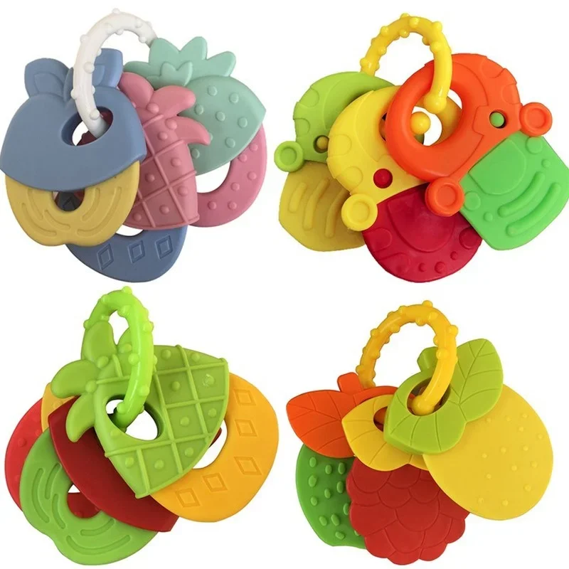 AliExpress Baby Fruit Style Soft Rubber Rattle Teether Toy Newborn Chews Food Grade Silicone Teethers Infant Training Bed Toy Chew Toys Kid