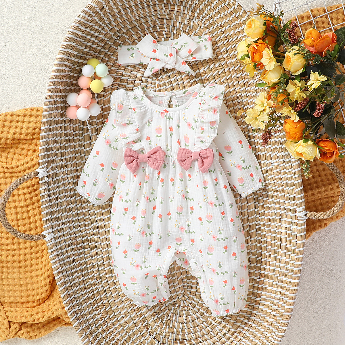 AliExpress Baby Girl's All Seasons Long Sleeve Print Floral With Bow Daily Jumpsuit For Newborn-6M Clothes +Headband