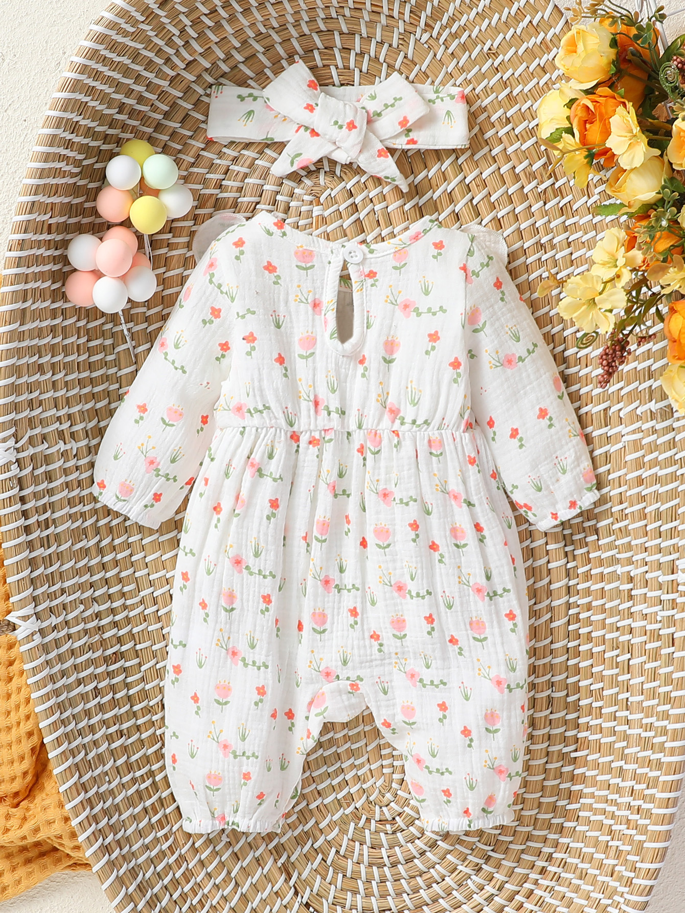 AliExpress Baby Girl's All Seasons Long Sleeve Print Floral With Bow Daily Jumpsuit For Newborn-6M Clothes +Headband, view 2
