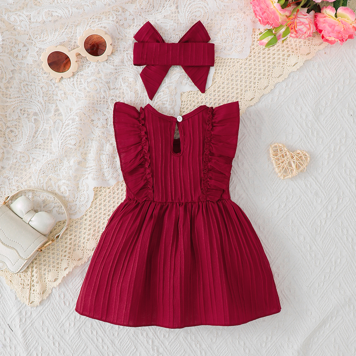 AliExpress Baby girl's Sleeveless Dress Solid color Ruffled edges Fashion Summer Dress+Headband, 0-24 Months old Baby girl's New Year Dress, view 2