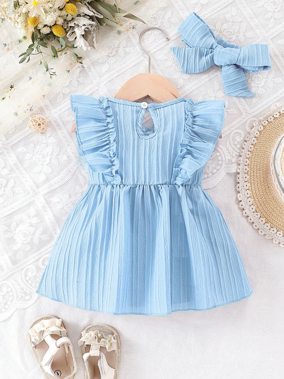 AliExpress Baby Girl Blue Summer Dress with Ruffles and Bow, view 2