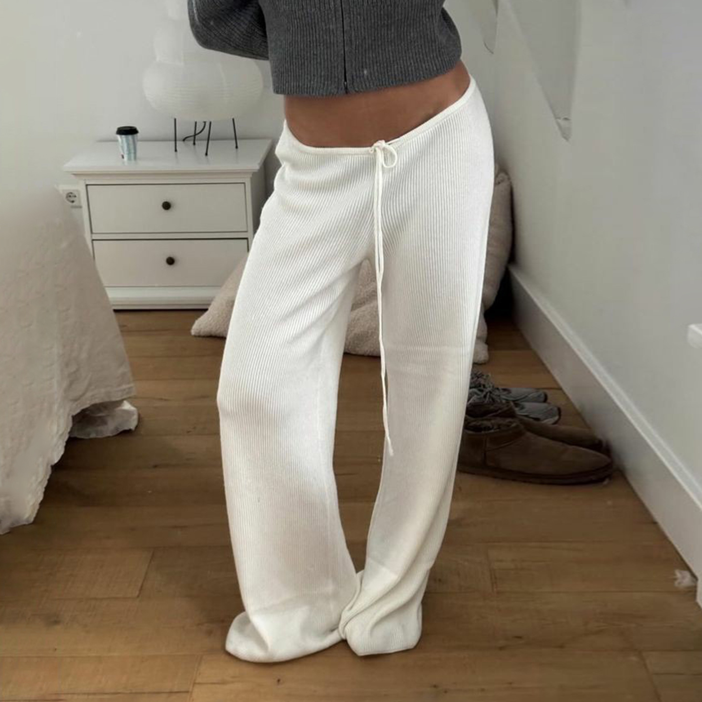 AliExpress Basic Solid Low-Waisted Ribbed Knitted Pants Casual Loose Drawstring Wide Leg Pants Soft Comfy Lounge Wear Trousers Streetwear