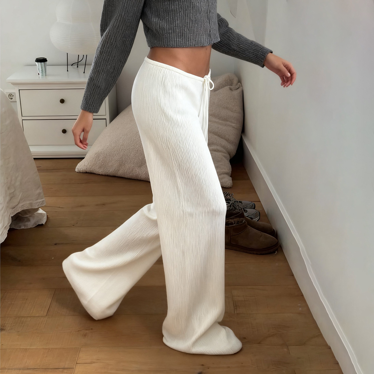 AliExpress Basic Solid Low-Waisted Ribbed Knitted Pants Casual Loose Drawstring Wide Leg Pants Soft Comfy Lounge Wear Trousers Streetwear, view 2