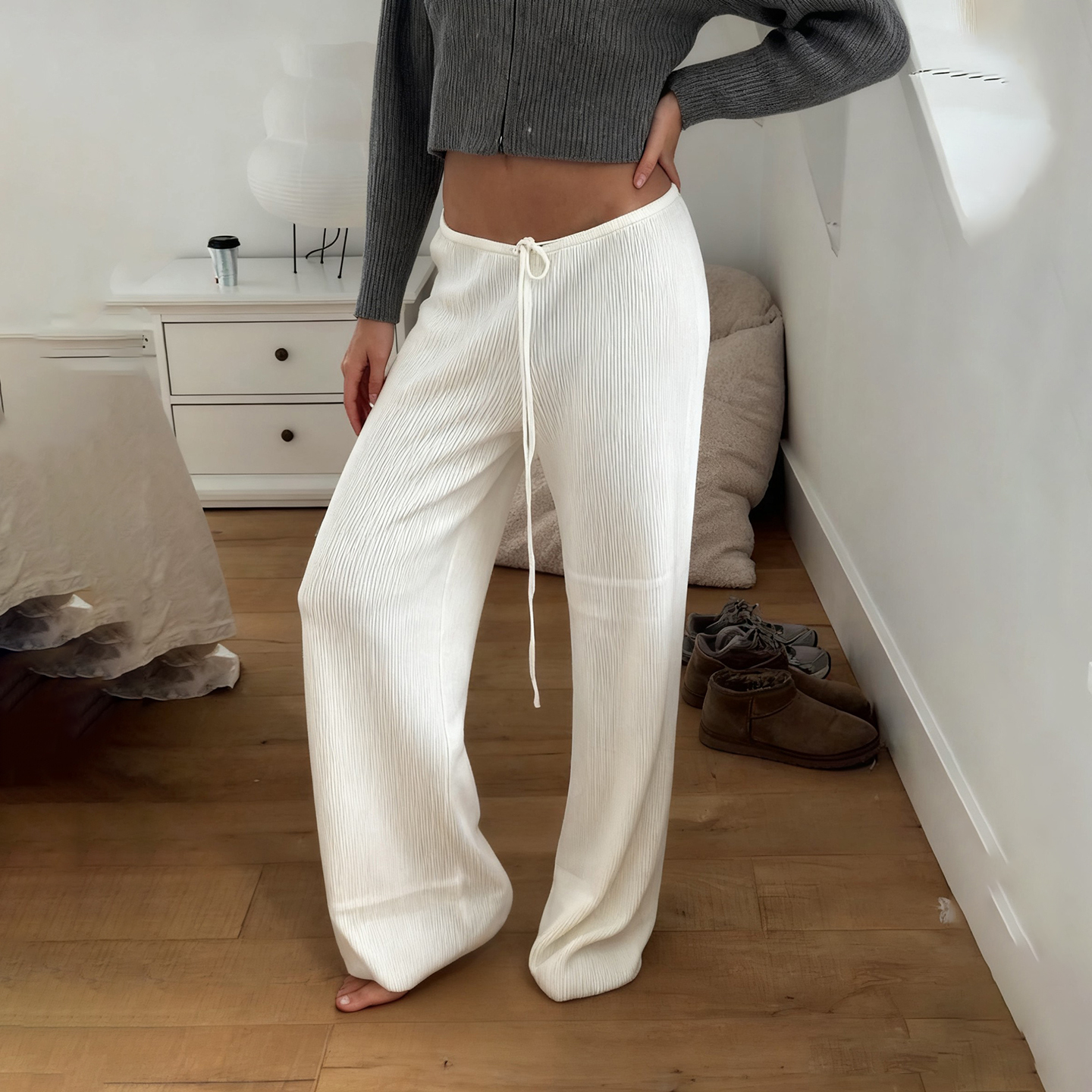 AliExpress Basic Solid Low-Waisted Ribbed Knitted Pants Casual Loose Drawstring Wide Leg Pants Soft Comfy Lounge Wear Trousers Streetwear, view 3