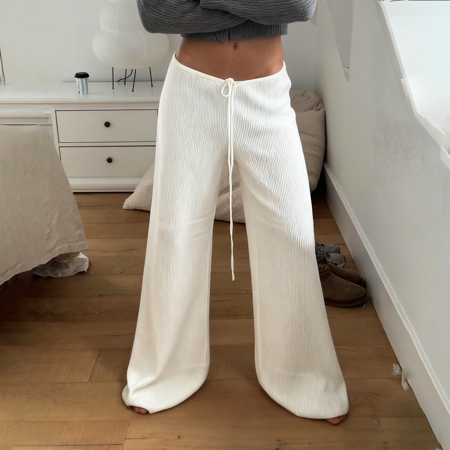 AliExpress Basic Solid Low-Waisted Ribbed Knitted Pants Casual Loose Drawstring Wide Leg Pants Soft Comfy Lounge Wear Trousers Streetwear, view 4
