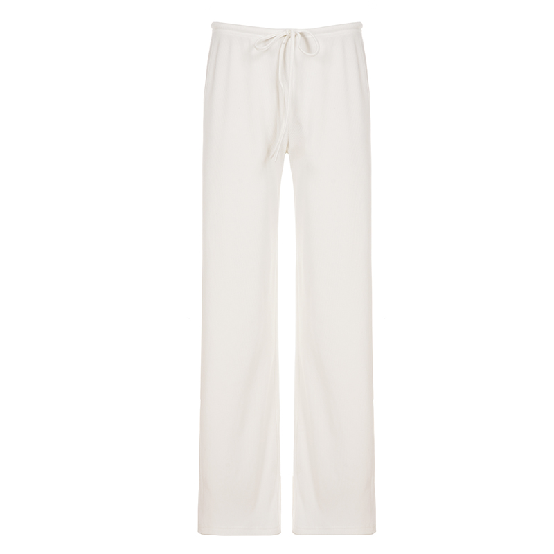 AliExpress Basic Solid Low-Waisted Ribbed Knitted Pants Casual Loose Drawstring Wide Leg Pants Soft Comfy Lounge Wear Trousers Streetwear, view 5