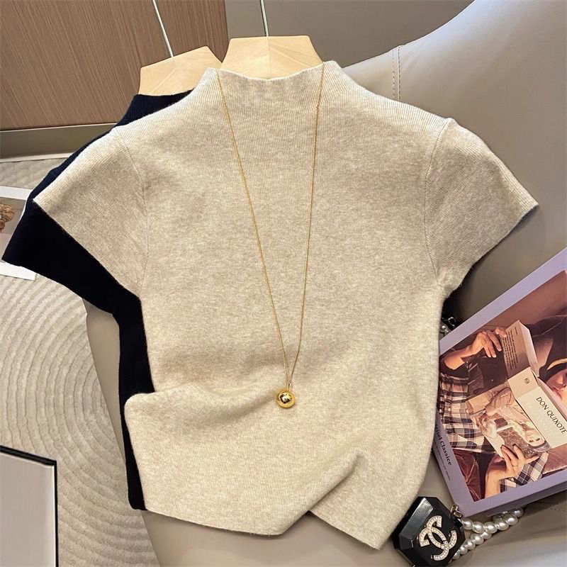 AliExpress Basic Turtleneck Solid Thin Summer 2026 Pullover Women Female Knitted Sweater Slim Short Sleeve Bodycon Sweater