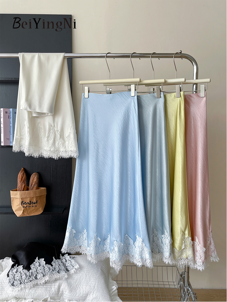 AliExpress Beiyingni French Elegant Satin Mermaid Skirt Women Spring Summer Lace Patchwork Pack Hip Long A-line Skirts Office Ladies Faldas