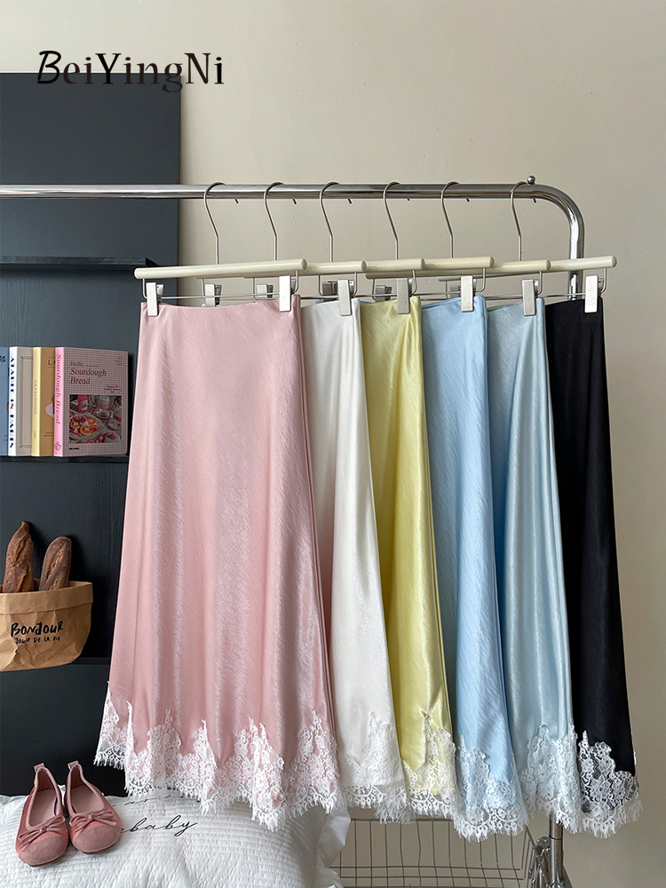 AliExpress Beiyingni French Elegant Satin Mermaid Skirt Women Spring Summer Lace Patchwork Pack Hip Long A-line Skirts Office Ladies Faldas, view 5