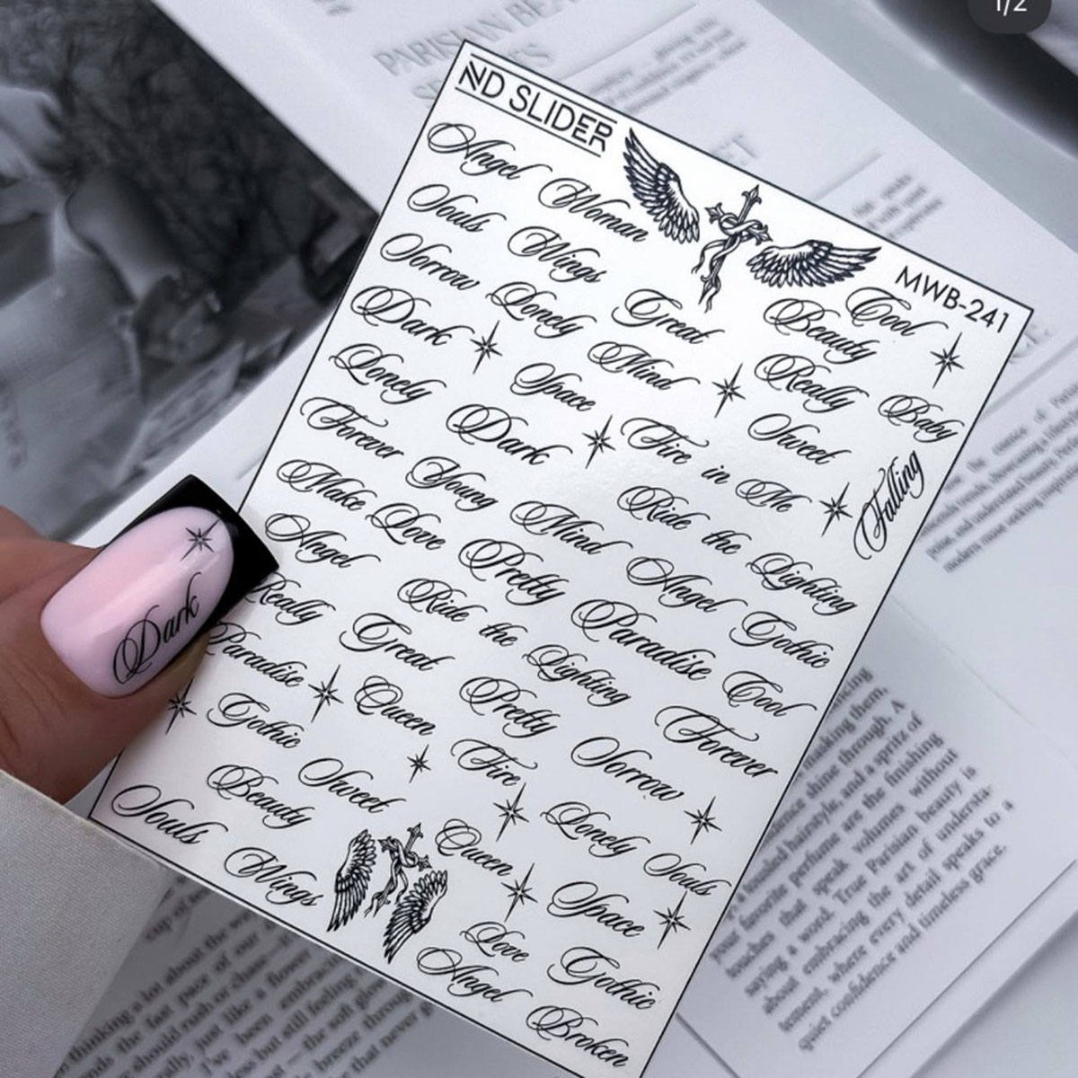 AliExpress Black White Letter Words Nail Stickers Angel Wings Letter Mixed Designs Holographic Y2K Nail DIY Decorative Stickers, view 5