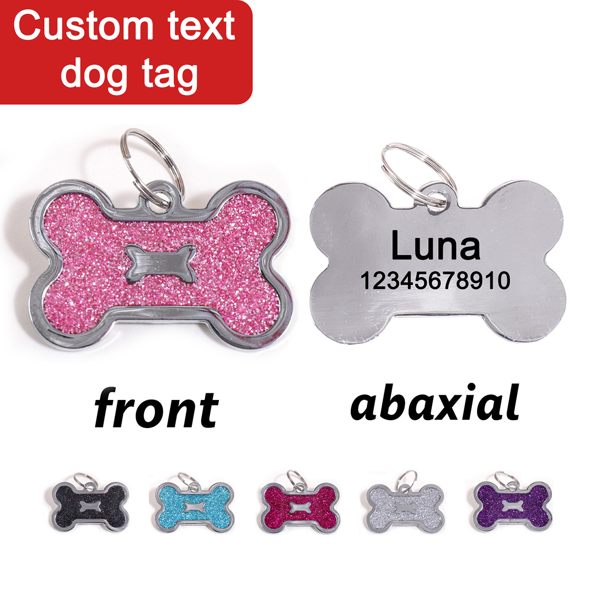 AliExpress Bone Shape Custom Text Dog Tag Glitter Personalized Name Pets Tag Laser Engraving Pendant Address Number Customized Dog Tags