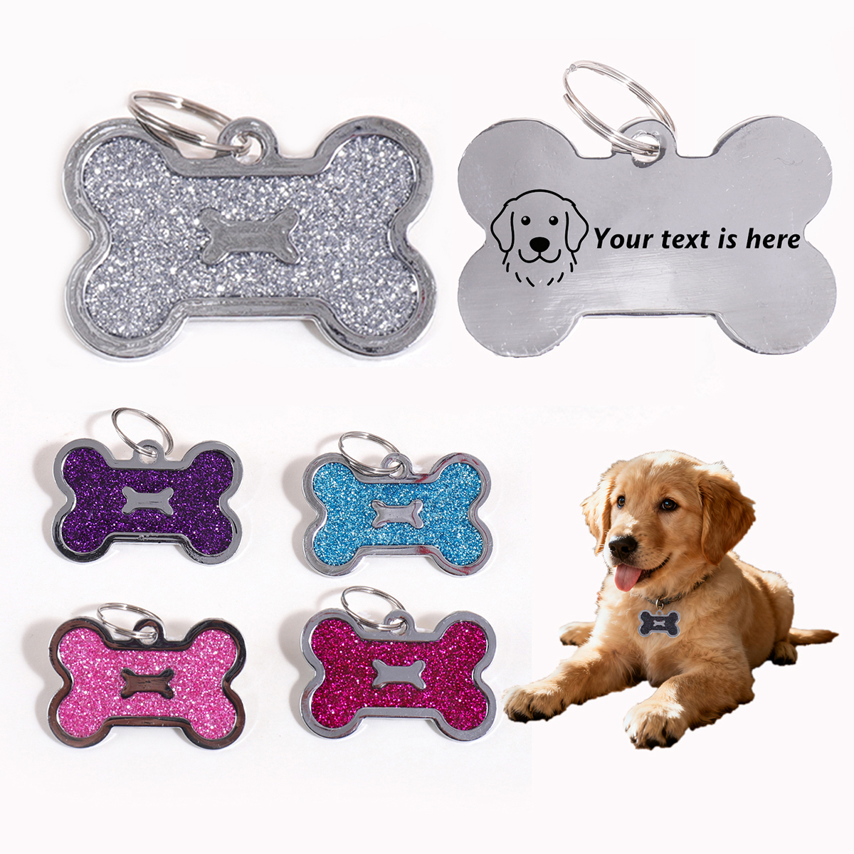 AliExpress Bone Shape Custom Text Dog Tag Glitter Personalized Name Pets Tag Laser Engraving Pendant Address Number Customized Dog Tags, view 2
