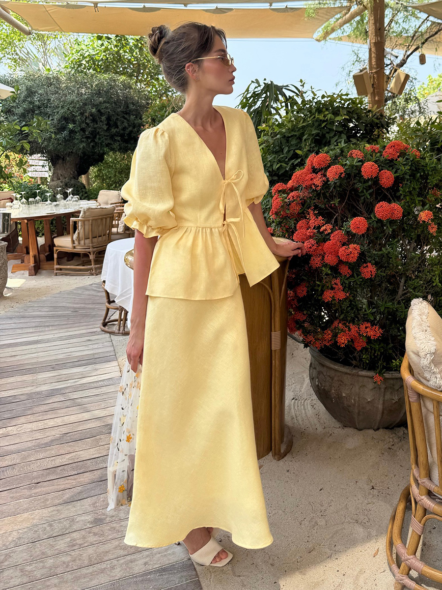 AliExpress Bornladies 2025 Summer Women's 100% Cotton V-Neck Lace-Up Bubble Sleeve Shirt  Long Skirt Set Loose Casual Two-Piece Suit