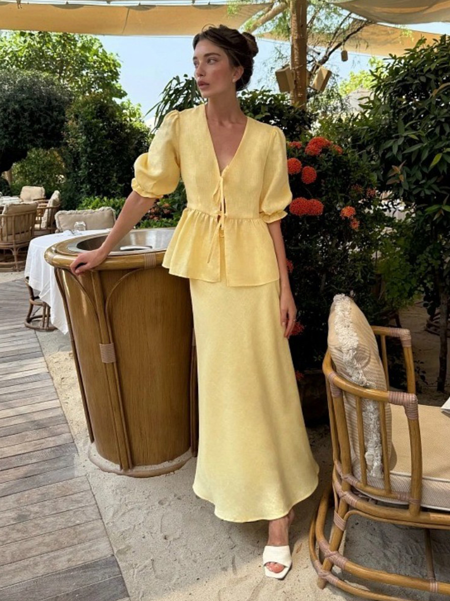AliExpress Bornladies 2025 Summer Women's 100% Cotton V-Neck Lace-Up Bubble Sleeve Shirt  Long Skirt Set Loose Casual Two-Piece Suit, view 2