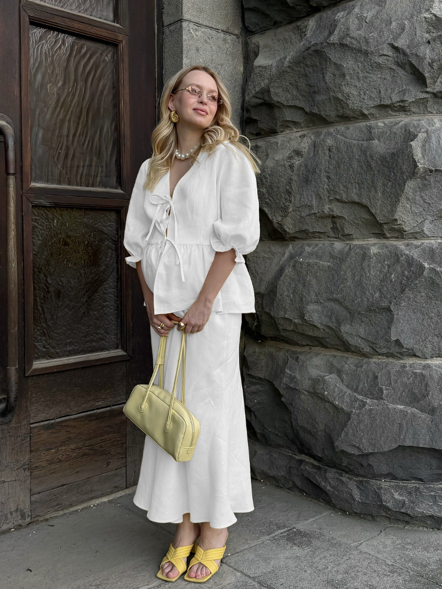 AliExpress Bornladies 2025 Summer Women's 100% Cotton V-Neck Lace-Up Bubble Sleeve Shirt  Long Skirt Set Loose Casual Two-Piece Suit, view 3