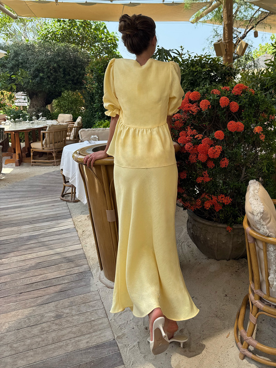 AliExpress Bornladies 2025 Summer Women's 100% Cotton V-Neck Lace-Up Bubble Sleeve Shirt  Long Skirt Set Loose Casual Two-Piece Suit, view 5