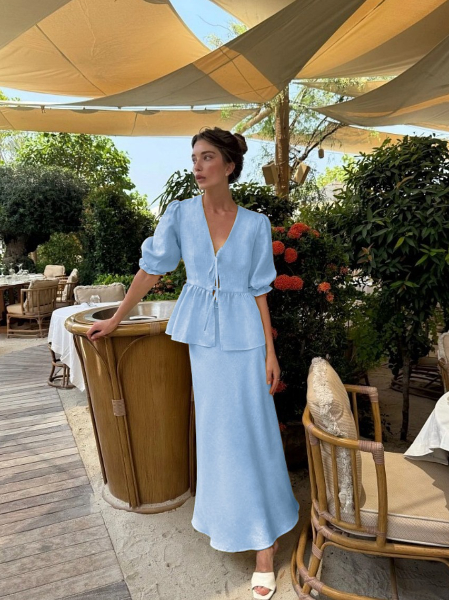 AliExpress Bornladies 2025 Summer Women's 100% Cotton V-Neck Lace-Up Bubble Sleeve Shirt  Long Skirt Set Loose Casual Two-Piece Suit, view 6