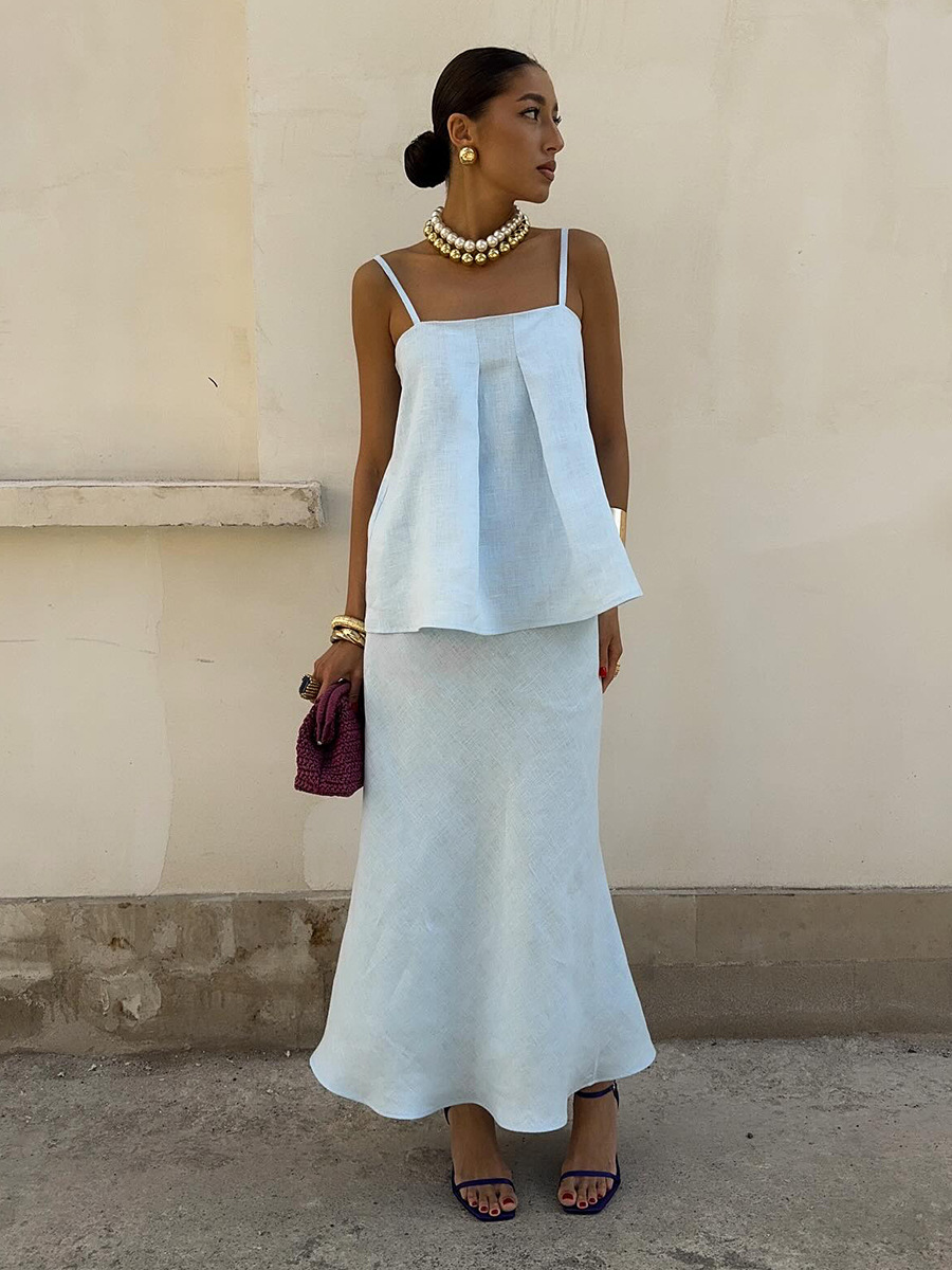 AliExpress Bornladies 2026 Spring Summer New Cotton Women's Cami Skirt Set Elegant Lazy Cami Mermaid Maxi Skirt Two-Piece Outfit, view 5