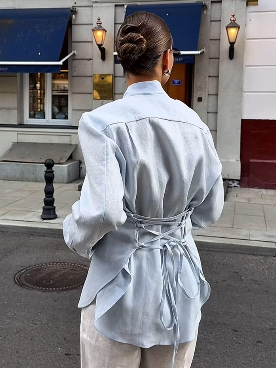 AliExpress Bornladies New Autumn Tie Belted Shirt Women's  Floating Ribbon Cardigan Top Commuting 100% Cotton Slim Blouse, view 3