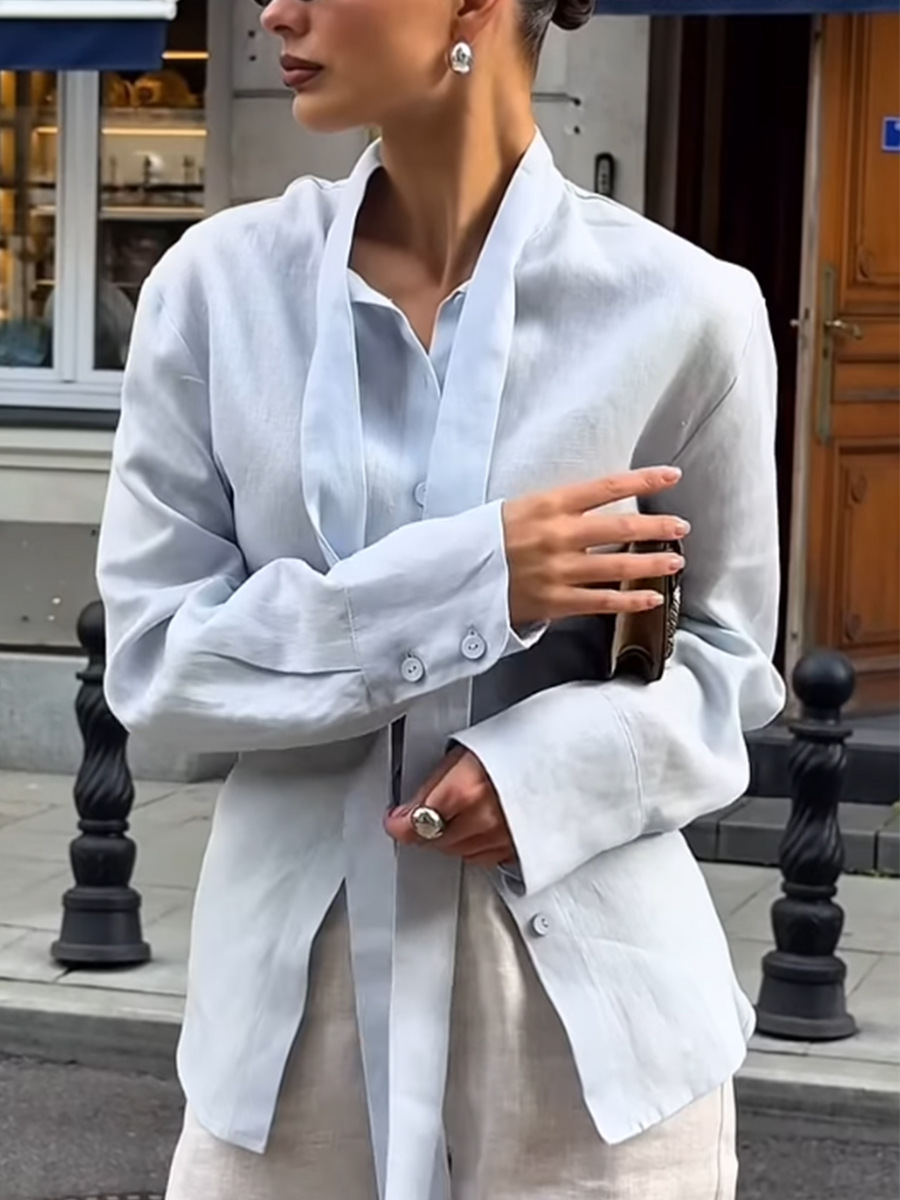AliExpress Bornladies New Autumn Tie Belted Shirt Women's  Floating Ribbon Cardigan Top Commuting 100% Cotton Slim Blouse, view 4