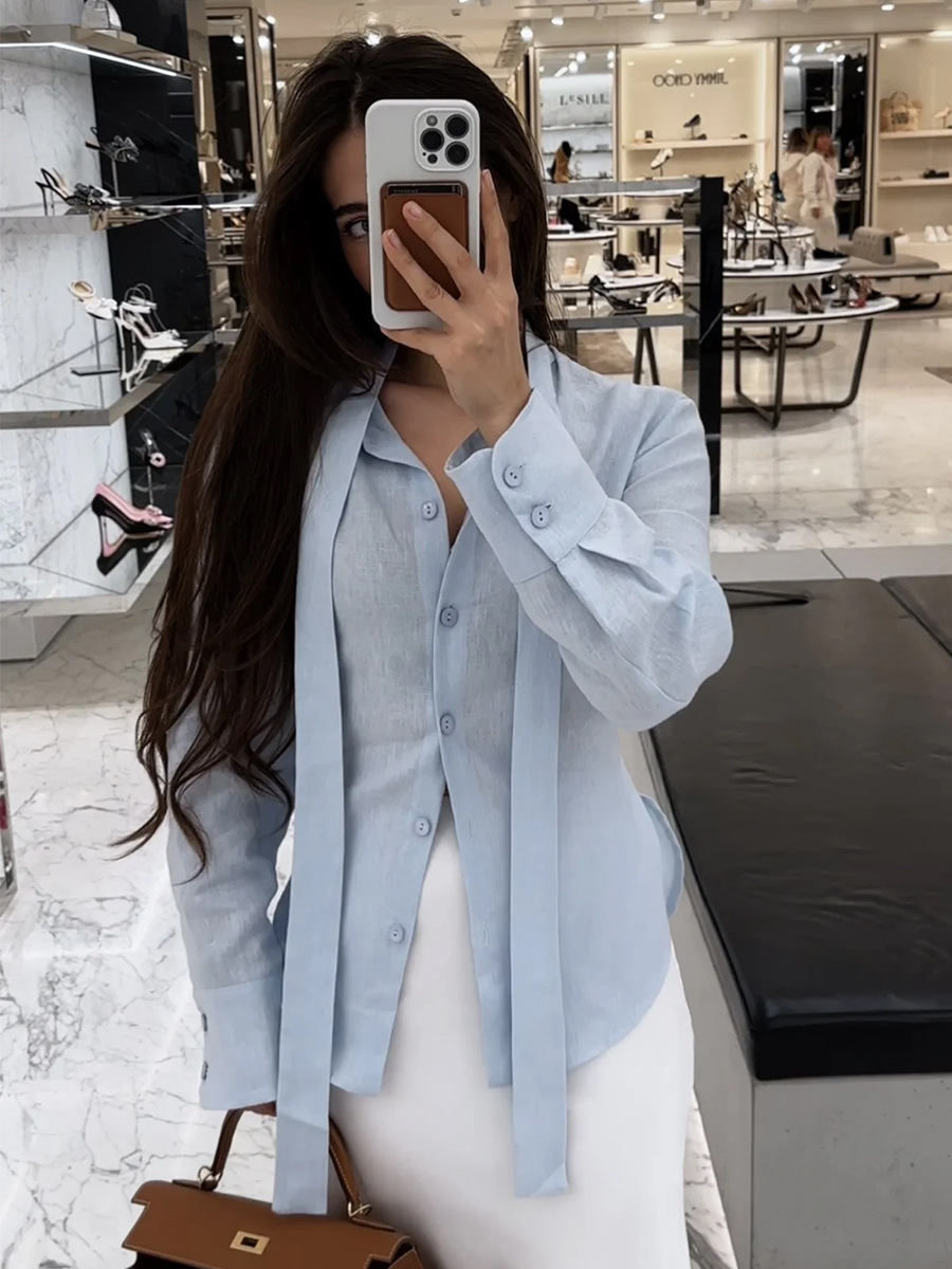 AliExpress Bornladies New Autumn Tie Belted Shirt Women's  Floating Ribbon Cardigan Top Commuting 100% Cotton Slim Blouse, view 6