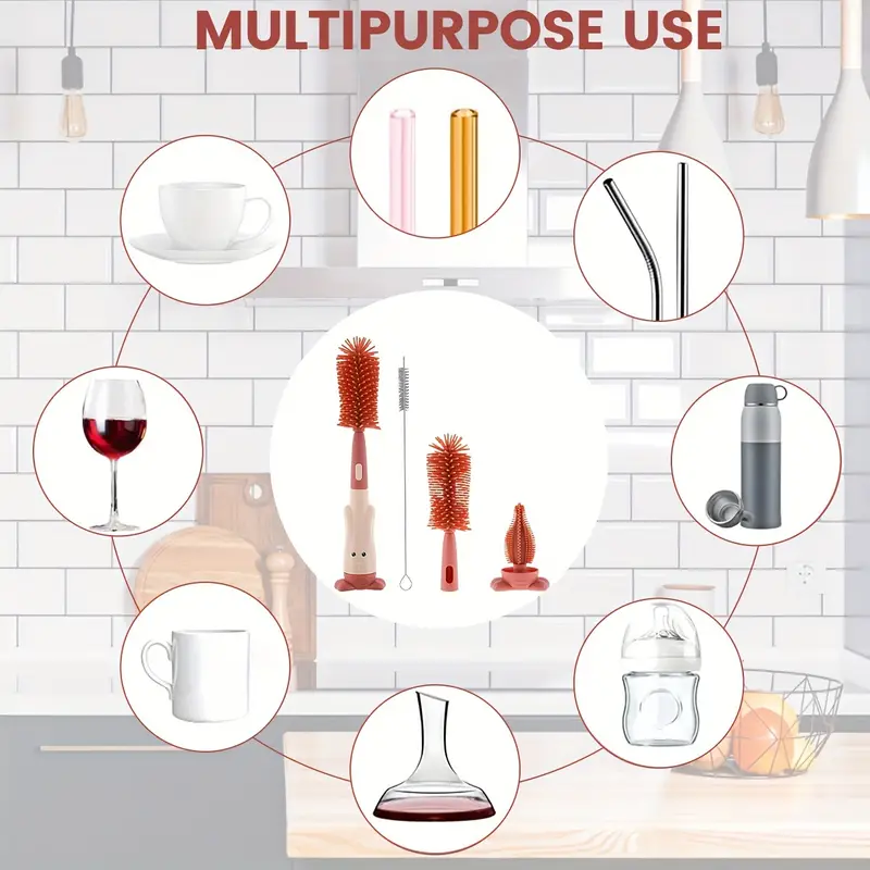 AliExpress Bottle Brush Tea Cup Multifunctional Standing Brush Food Grade Silicone Nipple Brush Set Cup Brush Three-in-one Straw Brush Spon, view 3