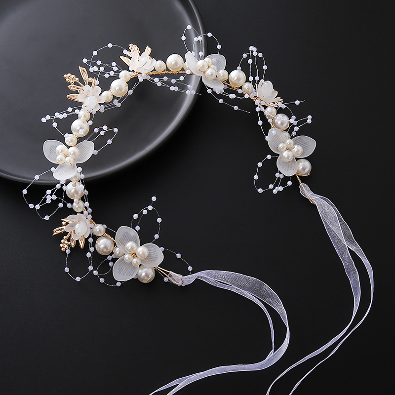 AliExpress Bride Headband Pearl Flower Headband Children's Flower Wreath Super Fairy Princess Hair Accessory Headband Headband Ribbon