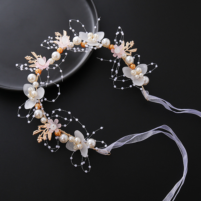 AliExpress Bride Headband Pearl Flower Headband Children's Flower Wreath Super Fairy Princess Hair Accessory Headband Headband Ribbon, view 3