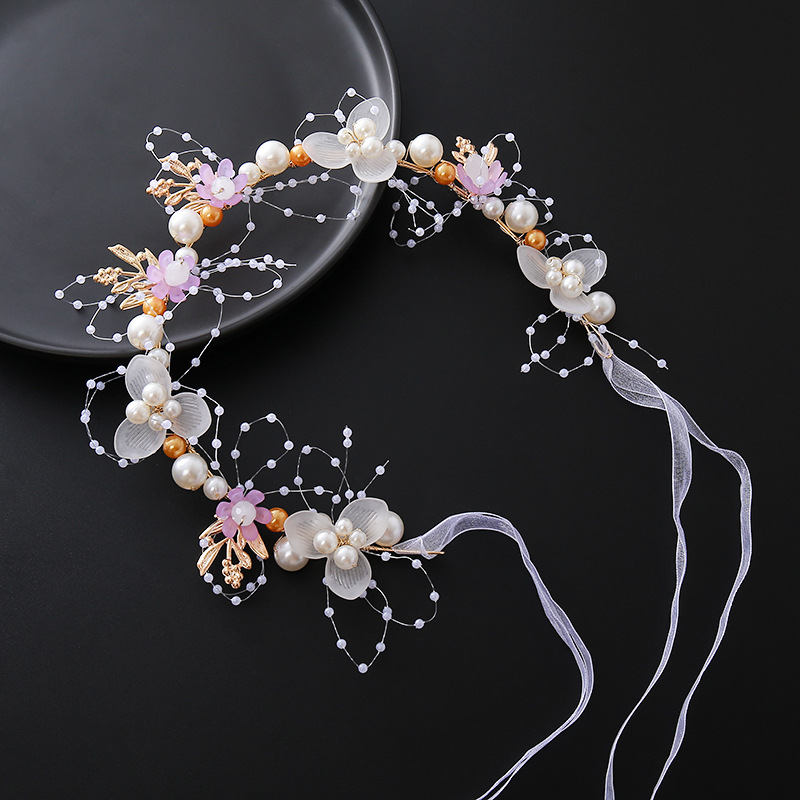 AliExpress Bride Headband Pearl Flower Headband Children's Flower Wreath Super Fairy Princess Hair Accessory Headband Headband Ribbon, view 4