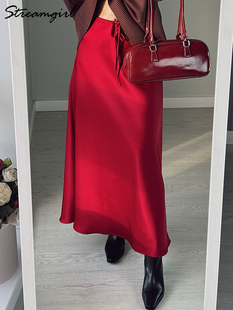 AliExpress Brown Long Satin Skirts Women Luxury Maxi Autumn Summer High Waist Silk Black Skirt Long Straight Shining Beige Satin Skirt Maxi