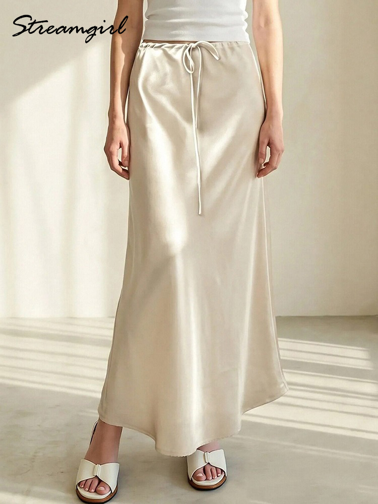 AliExpress Brown Long Satin Skirts Women Luxury Maxi Autumn Summer High Waist Silk Black Skirt Long Straight Shining Beige Satin Skirt Maxi, view 2