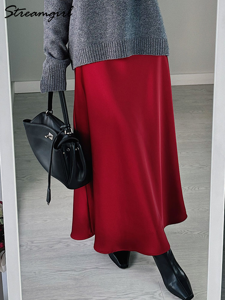 AliExpress Brown Long Satin Skirts Women Luxury Maxi Autumn Summer High Waist Silk Black Skirt Long Straight Shining Beige Satin Skirt Maxi, view 3