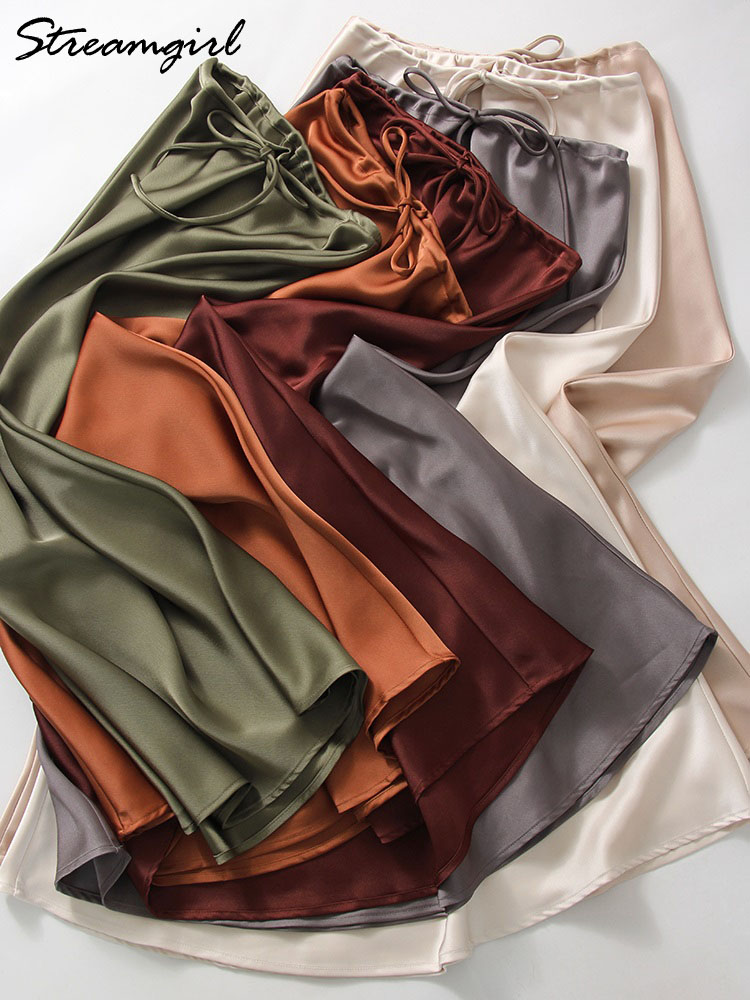 AliExpress Brown Long Satin Skirts Women Luxury Maxi Autumn Summer High Waist Silk Black Skirt Long Straight Shining Beige Satin Skirt Maxi, view 4