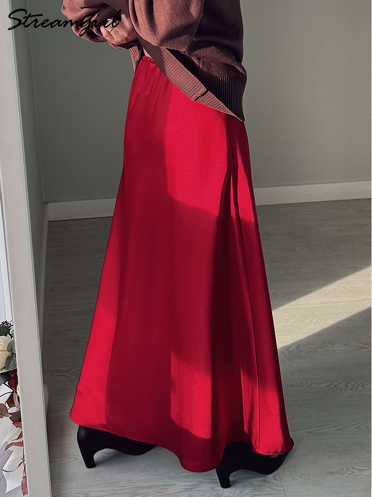 AliExpress Brown Long Satin Skirts Women Luxury Maxi Autumn Summer High Waist Silk Black Skirt Long Straight Shining Beige Satin Skirt Maxi, view 5