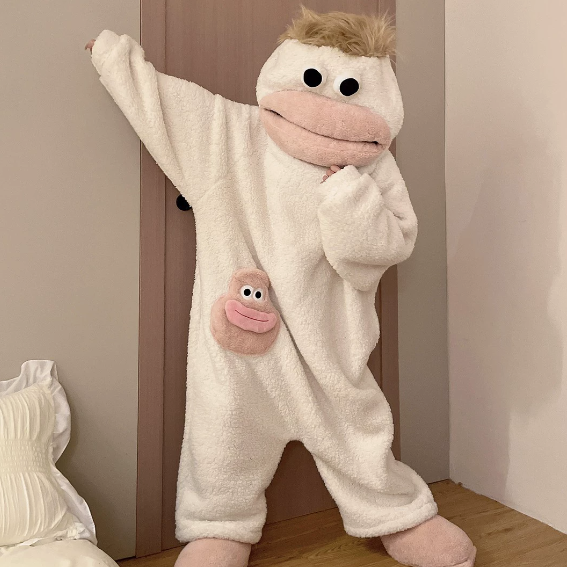 AliExpress Cartoon Big Mouth Monster Cute Funny Onesie Pajamas Thickened Coral Fleece Homewear For Couples Men Women Autumn Winter Pajamas, view 5