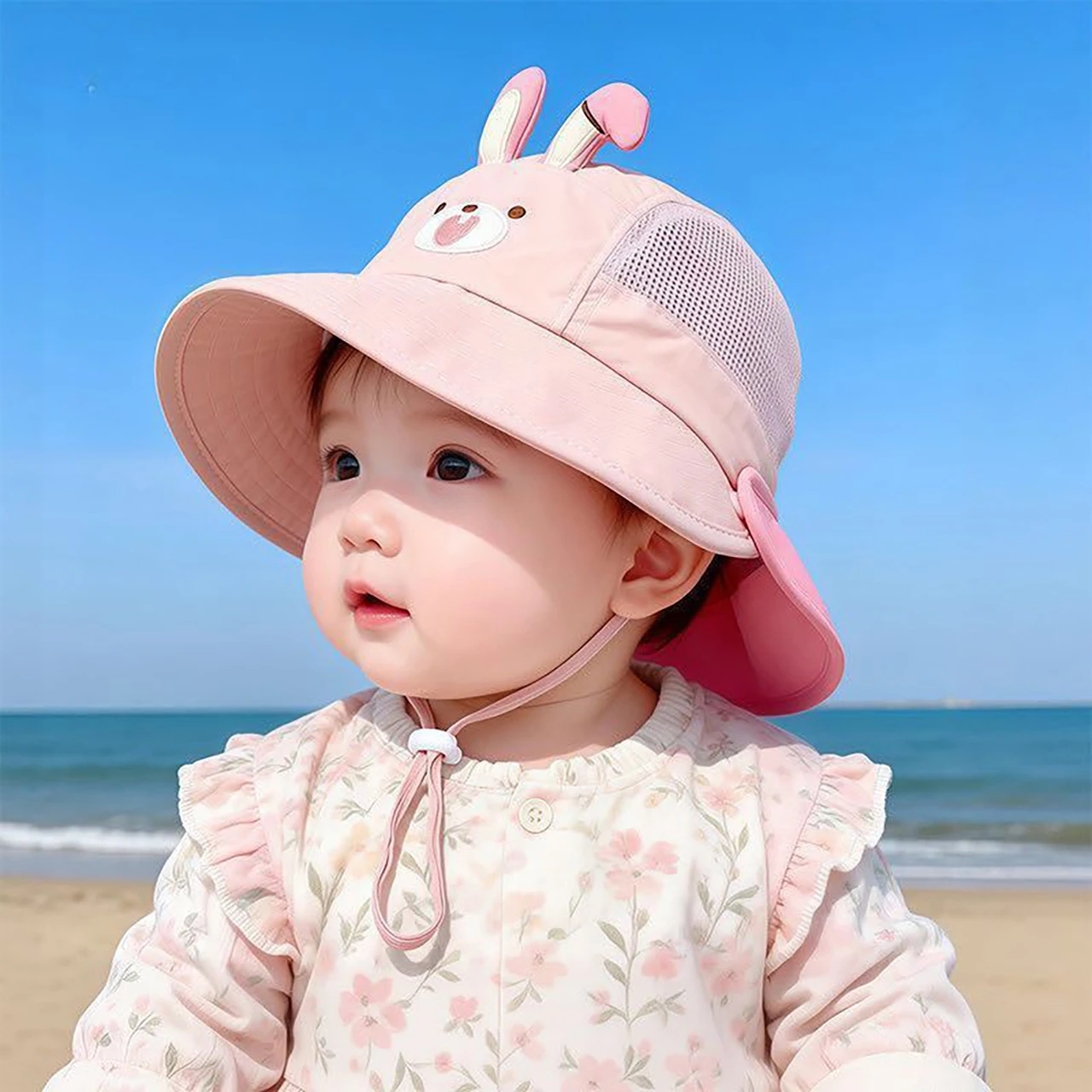 AliExpress Cartoon Sunshade Baby Beach Hat Cute Bear Rabbit Ears Boys Girls Sun Visor Cap Summer Outdoor Breathable Mesh Panama Hats, view 5
