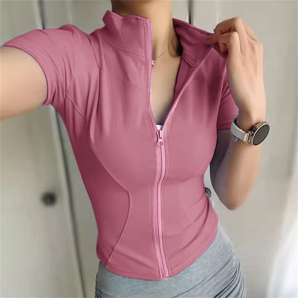 AliExpress Casual Slim Sports Coat For Women Short Sleeve Solid Zipper Tops Female Cycling Running Yoga Outfit Clothes Summer Sport Jacket, view 3